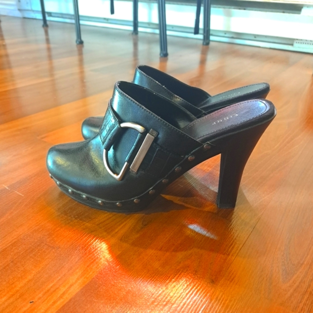 Fioni Black Silver Studded Mules Platform Pumps big Buckle D ring Western Style